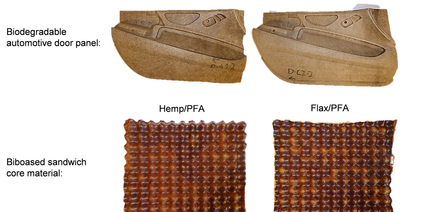 Demonstratoren, im System4green Projekt hergestellt. Oben: vollständig biologisch abbaubare Autotürinnenverkleidung, unten: biobasiertes sandwich core material